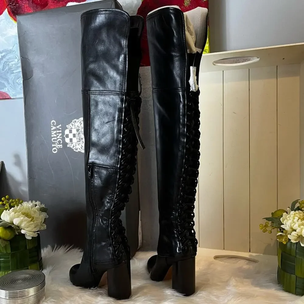 NEW Vince Camuto Corset Calf Leather Laced Tolla Over The Knee Boots Black Sz 6
